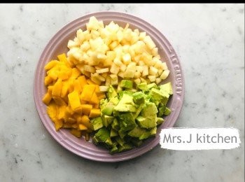 step2: 牛油果去核切粒，蘋果去皮切幼粒，芒果去皮切粒，將所有材料混合，加入一半<span class="group_2">沙律汁</span>拌勻