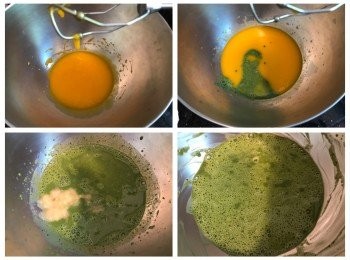 step4: 打散蛋黃，之後加入菜油打至混合，加入抹茶牛奶打勻，再將香蕉蓉加入打勻