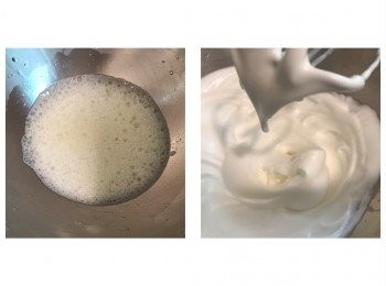 step6: 用中速打散蛋白至白色起泡，分三次加入糖打至廷身起勾（第一、二次用中高速，在第三次時加入粟粉，轉中速打至勾），再用慢速打半分鐘