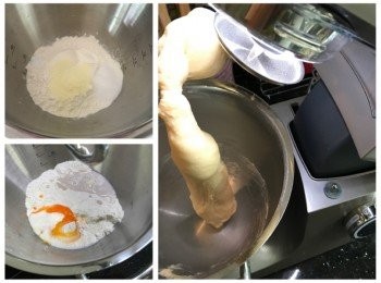 step1: 除牛油外，先將乾材料放入盤內用慢速搞勻，加入濕材料（留起30g鮮奶逐少加入）用1速攪3分鐘，之後轉2速攪3分鐘，加入已室溫放軟的牛油，用2速攪3分鐘，轉3速攪5分鐘至成團有薄膜
   **注：酵母也可先用10g用水搞勻，與其他濕材料一起放入盤內