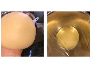 step2: 將打好的麵團滾圓，放在已噴油的盆中，用保鮮紙包好，放在密閉空間發酵50-60分鐘至兩倍大