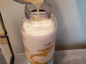 step9: <span class="group_2">芒果</span>肉+牛奶放入攪拌機打成蓉 +魚膠粉溶液攪勻。