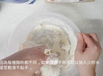 step3: 每種麵粉都不同而麵粉濕度也會受氣候影響，如果<span class="group_1">麵糰</span>不夠水可以加入少許水，若太濕就要加少許麵粉，把<span class="group_1">麵糰</span>搓至軟滑不黏手，