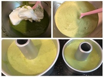 step7: 預熱焗爐160度15分鐘
將1/3蛋白霜加進蛋黃糊內用切拌式輕手拌勻，之後將蛋黃糊倒入餘下之蛋白霜用切拌方式快手拌勻
將麵糊倒進戚風模內，輕"噔"幾下