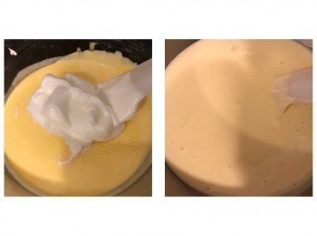 step5: 將1/3蛋白霜加入蛋黃糊中輕手拌勻，之後將蛋黃糊倒入餘下之蛋白霜用切拌方式拌勻