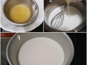step2: <span class="group_1">牛奶布甸</span>部分做法：
凍開水倒入魚膠粉攪勻坐熱水至融化
 牛奶加糖加熱至微暖。然后將魚膠溶倒入攪勻入模具。放入雪柜冷藏至凝固。