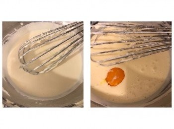 step2: Cream Cheese室溫放軟，切粒放入打蛋盤中坐熱水（中小火）搞散，之後加入牛油拌滑，再加鮮奶搞勻至順滑，熄火，取出逐隻蛋黃加人拌勻