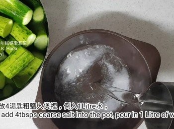 step4: 放4湯匙粗鹽入煲裡，倒入1Litre水，
