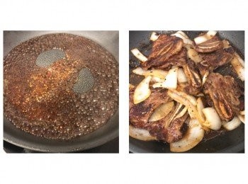 step6: 將黑椒汁料放入鑊中煮滾，加入牛仔骨及洋葱兜勻即可上碟，趁熱享用