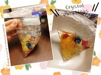 step4: 將果凍液加入水果袋中，隨即定型(袋子以相反方向形成三角形)，用膠紙封口。