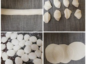 step3: 將中筋麵粉加入溫水攪拌成團，揉成光滑的<span class="group_3">麵團</span>，蓋上濕布靜置30分鐘。
將醒好的面揉搓成細長條，分割成10g一個大小的<span class="group_3">麵團</span>，將每個<span class="group_3">麵團</span>擀至約8cm中間厚周圍薄的面皮。