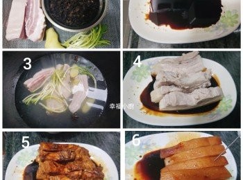 step1: 五花肉洗淨..放入冷水鍋中. 放入蔥段.生薑.八角，花椒，水滾小火煮10分鐘.
在盤子或大碗中.倒入一些老抽，煮好後趁熱撈出.放入準備好的老抽裡.四邊用老抽抹均。準備一個牙籤或針，直接在肉皮上紮洞. 然後再放老抽裡再抹一次老抽。
 梅乾菜洗淨，放入冷水中浸泡. 如果喜歡吃熟後很爛的.可以泡久一些。然後擠掉水份。這個完全根據自己喜好來決定。