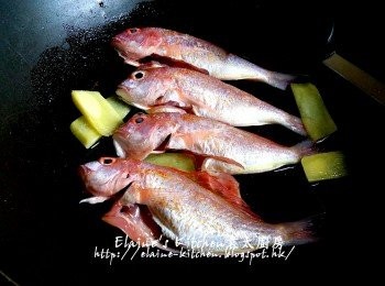 step4: 鑊中爆香薑片 , 放入紅衫魚用慢火慢慢煎至兩面金黃色