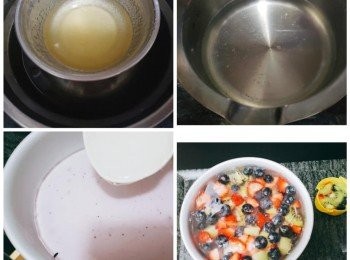 step2: 凍開水倒入魚膠粉攪勻坐熱水至融化
糖倒入暖水攪拌至融化，然后倒入魚膠溶液攪勻。輕輕倒入已凝固的乳酪布甸上面。然后將雜果粒粒鋪面。放入雪柜冷藏至凝固即可。