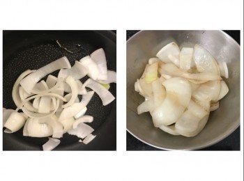 step4: 放1湯匙油燒熱平底鑊，放入洋葱用中火炒至略為軟身，盛起