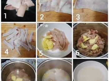 step1: 豬皮下開水鍋煮沸3分鐘關火，靜置10分鐘。⏰
將肉皮撈出用刀將內側的肥油全部剔除，外側再來回刮幾下去掉表面的油膩。
然后切成細條，煲內加水放入姜片（水是處理好的豬皮重量的2.5倍），大火煮滾后轉小火煲1小時直到水呈白色，撈出豬皮留汁，自然放涼後放冰箱冷藏即成豬皮凍。