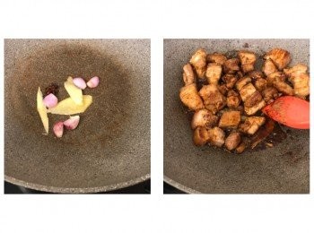 step4: 原鑊中火爆香薑片、葱頭及八角，放入五花腩、生抽、老抽、五香粉、胡椒粉兜勻，灒酒