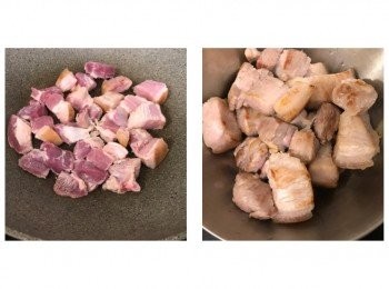 step3: 用2湯匙油燒熱鑊，放入五花腩煎至兩面微黃，取出備用