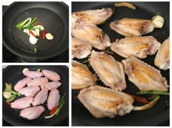 step3: 用油燒熱鑊，放入薑片、蒜片、葱及辣椒仔爆香，加入<a href="https://bit.ly/3zHU5V3" target="_blank" data-keyword="雞翼" class="guide-link"><strong>雞翼</strong></a> <span style="display:inline-block;vertical-align:middle;margin-top:-3px;color:initial;border-radius:3px;padding:2px 3px;font-size:12px;line-height:14px;background:#87d300;color:#fff;">即買</span> ，以中火將兩面煎至金黃色，灒酒