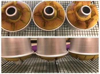 step8: 焗好後取出蛋糕大力"噔"兩下，立即倒扣放涼，之後便可脫模