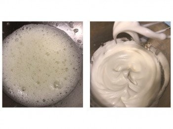 step5: 用中速打散蛋白至白色起泡，分三次加入糖打至挺身起勾（在第三次時加入粟粉），再用慢速打半分鐘