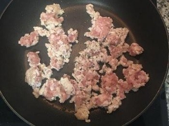 step8: 蒸蛋時，可開始準備<span class="group_2">炒絞肉</span>，炒鍋燒熱，放少許油，將絞肉入鍋放點黑胡椒粉，炒到變白色；