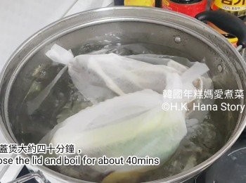 step5: 我煲了大約4.5L水，水滾後放入兩個湯包袋，關蓋煲大約四十分鐘。