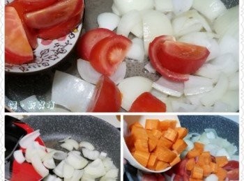 step2: 將嘅蕃茄、洋蔥及紅蘿蔔放入已預熱嘅鍋中稍為炒香
 *可預先留起1/3嘅蕃茄及洋蔥後下*再將牛肋條放回鍋中一齊炆