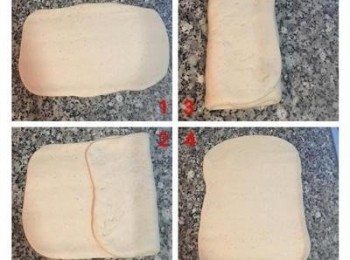 step3: 先將鬆弛後的麵糰橄成長方型；
將兩邊往內摺，摺成等量三摺。
再次橄開成長方型；