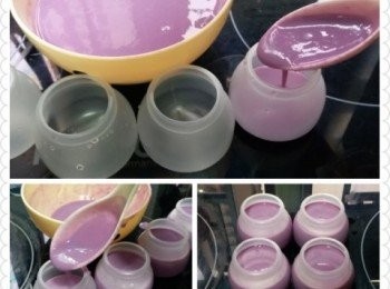 step3: 取出篩並放於另一大碗上，將已混合嘅紫薯牛奶倒入篩中隔渣，隔渣後嘅紫薯牛奶會變得更順滑細緻，取出用以製作布甸嘅小膠樽，洗淨後即可將紫薯牛奶倒入樽內，將已入樽嘅紫薯牛奶蓋好，並放置於雪櫃內，待凝固即可食用