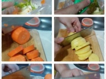 step2: 將薯仔及紅蘿蔔去皮，切片再切成粒狀，將所有材料全部放入煲水內煮，煮大約 30分鐘左右即可加入牛肉碎一同煮，以增加湯中牛肉既味道。再煮30-40分鐘即成。