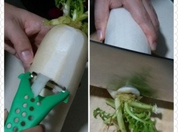 step1: 先將珍珠冬菇及蝦米乾用水浸泡至軟身，備用，將白蘿蔔洗淨，刨皮及切去頂部，備用。