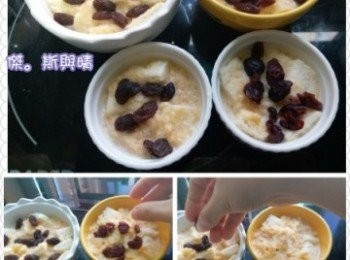 step3: 取出數片已去邊方包, ，先切成條, 再切成小塊並置於碗中，將已經預先攪拌好既牛奶蘋果蓉蛋液加入碗中，最後在面頭加上紅莓乾或提子乾，完成後即可放入焗爐烤約30分鐘左右, 即成