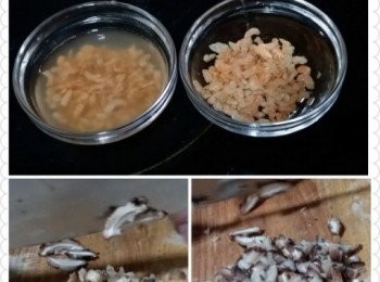 step2: 將白蘿蔔分成兩份，一份刨成蘿蔔絲，一份就切成蘿蔔條，蝦米乾泡浸後切成小粒，珍珠冬菇則先切成條再切成粒