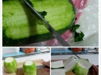 step1: 先將節瓜洗淨，再以小刀將皮刮去，並將每個節瓜切成八小塊，備用