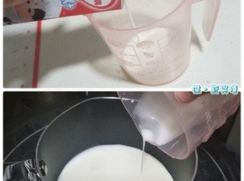 step2: 將牛奶倒入小鍋中慢煮，加入少許糖再加以攪伴。
