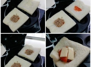 step1: 先將蕃茄洗淨，再切成小片，備用，預先將無鹽牛油塗抹於夾板上，
再放上白麵包，並壓輕輕按壓成杯狀