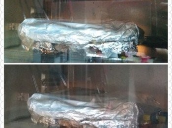 step3: 預先將焗爐預熱至180度，上下發熱線都要全開喔。取出已醃製好嘅豬扒，連一半醃料一同以錫紙包裹好再放入預先預熱嘅焗爐內，
　　先焗45 分鐘，再取出翻轉焗另一邊10分鐘，即成。