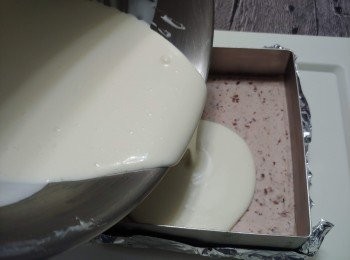 step16: 將<span class="group_4">椰香芝士餡</span>倒入紅豆餡上，放雪櫃冷藏不少於6小時至凝固