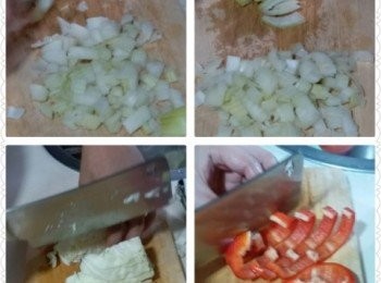 step1: 先預備一煲熱水，備用，先將全部材料洗淨，將洋蔥去衣，切成粒狀。
芹菜、椰菜、蕃茄、甜紅椒皆切成粒狀
