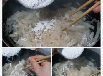 step4: 預熱鑊，以炒香蝦米粒、冬菇粒及叉燒粒，如幼兒版不加叉燒可分開炒
炒香後盛起，備用，以原鑊炒香蘿蔔絲及蘿蔔條，煮至蘿蔔變淋及出水後，慢慢分開幾次加入已混合嘅粘米粉及鷹粟粉，並一邊攪拌一邊加入粘米粉及鷹粟粉