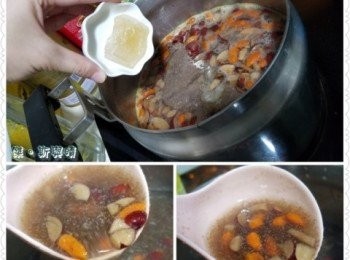step3: 預先煮好紅棗及杞子。待紅棗及杞子煮好後即可加入已攪拌嘅白背木耳，完成後加入冰糖稍為攪伴即成