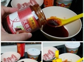 step1: 先將豬肉稍為清洗乾淨，抹乾水份，備用。調配醃料以醃製豬扒，將生抽、紹興酒及叉燒醬倒入碗中攪勻
