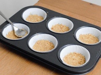 step2: <span class="group_1">餅底</span>做法： 先將餅乾壓碎，然後與溶化牛油拌勻。將餅乾碎放入已鋪有烘焙紙的馬芬烤模內，用手壓實