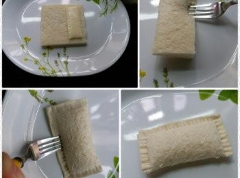 step1: 先將雞蛋打勻，備用。取出一片方包，並將BB芝士放於麵包一端，用叉稍稍壓實麵包邊緣，以防麵包打開即可