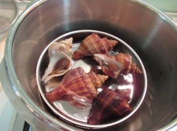 step1: 角赤旋螺洗淨放入快鍋加壓隔水蒸3分鐘,熄火待洩壓.開蓋涼了用金屬籤撈起肉.徹底去內臟.肉切片.蒸汁過濾備用.