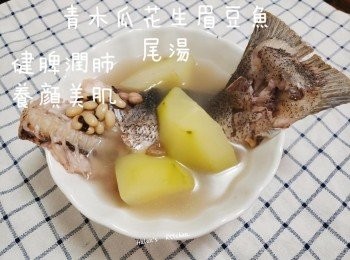 step2: 魚尾刮鱗洗淨、以廚房紙巾吸乾水份，不粘鍋入少許油，下魚尾，薑片用中火煎至金黃色。