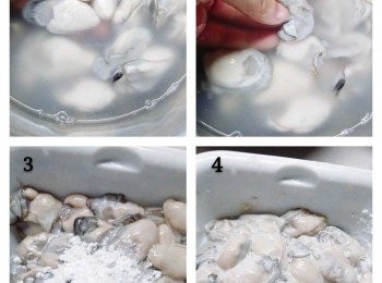 step1: 因蠔仔皮薄，易破爛，故在沖洗過程中，要小心處理，過程中不能水直接沖洗，容易破爛 ; 先用一盆水浸著蠔仔，用手逐隻搓走碎殼，然後加適量的生粉，用手輕輕攪拌，讓生粉均勻沾裹在蠔仔上，最後才用水洗掉生粉黏著的污物。