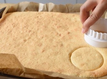 step4: 將已打發的蛋白分三次拌蛋漿內，輕手拌勻. 將蛋糕漿倒入蛋糕盤內，將蛋糕盤拍在枱上數下，讓空氣排出。放入已預熱170度C焗爐，焗約15至18分鐘

將蛋糕待涼後，將蛋糕切成圓形，備用