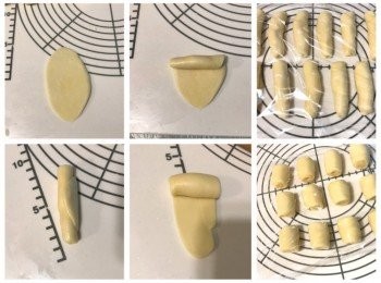 step6: 將包好的麵糰用手稍微壓一下，桿開成橢圓形薄片，捲起形成圓柱形狀，收口朝下，用保鮮紙蓋著，靜置15分鐘；
將圓柱形麵團收口朝上，用手壓平，桿開成長形，捲起形成圓柱形狀，收口朝下，用保鮮紙蓋著，靜置15分鐘